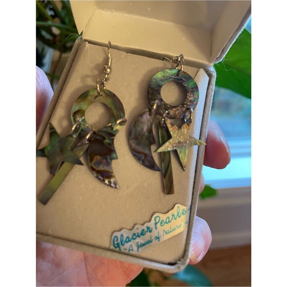 Abalone Glacier Pearls Shell Celestial Moon & Star Dangle Earrings - Picture 6 of 13